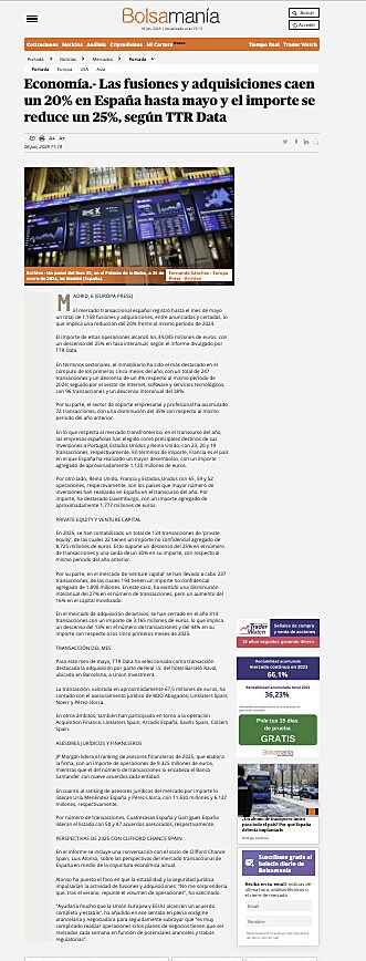 Economa.- Las fusiones y adquisiciones caen un 20% en Espaa hasta mayo y el importe se reduce un 25%, segn TTR Data